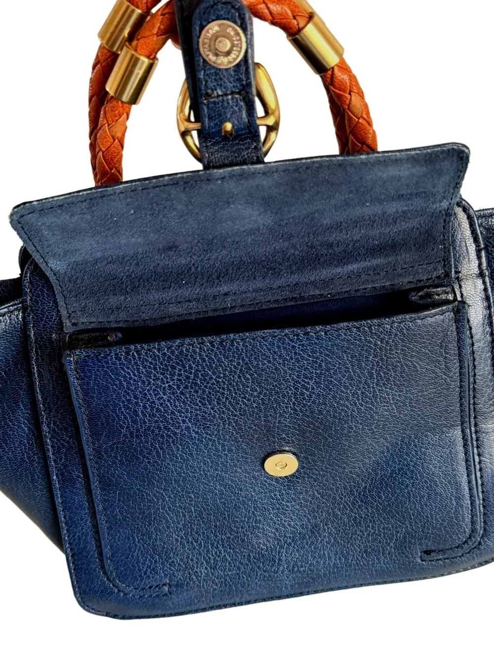 Hidesign Navy Blue Leather Purse Top Handle Satchel Braided Handle Brass accents